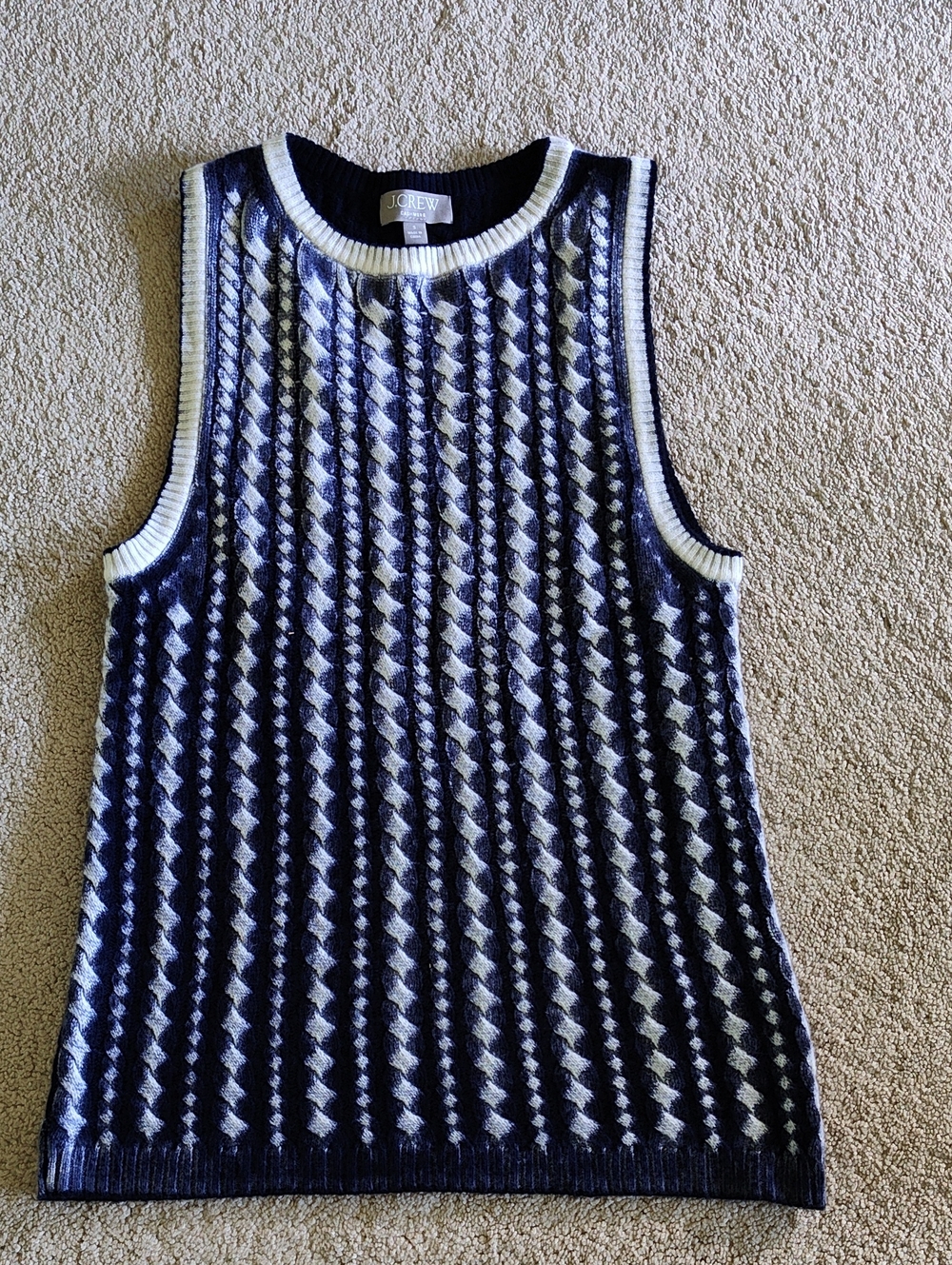 J. Crew Cashmere Navy and White Cable Knit Sleeveless Sweater